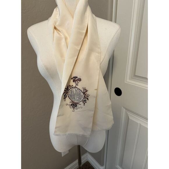 Antique Elegant Embroidered Symbol Pattern 100% Silk Scarf Chinese Beige - Picture 1 of 8